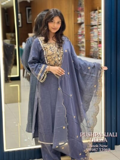 Steel Blue Embroidered Cotton Kurti Pant Set with Dupatta | Premium Imported Fabric