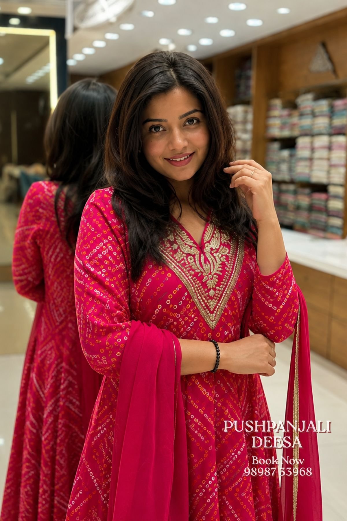 Pink Bandhani Print Embroidered Anarkali Kurta Pant Dupatta Set - Image 2