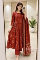 Red Floral Printed Anarkali Kurta Pant Dupatta Set