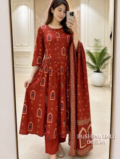 Red Floral Printed Anarkali Kurta Pant Dupatta Set