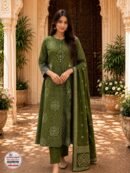 Olive Green Floral Printed Cotton 3-Piece Ethnic Suit Set