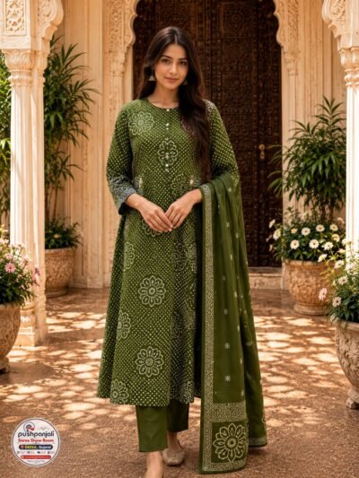 Olive Green Floral Printed Cotton 3-Piece Ethnic Suit Set