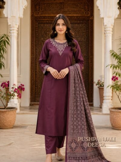 Wine Purple Gaggy 3-Piece Suit Set with Embroidered Kurta & Printed Dupatta