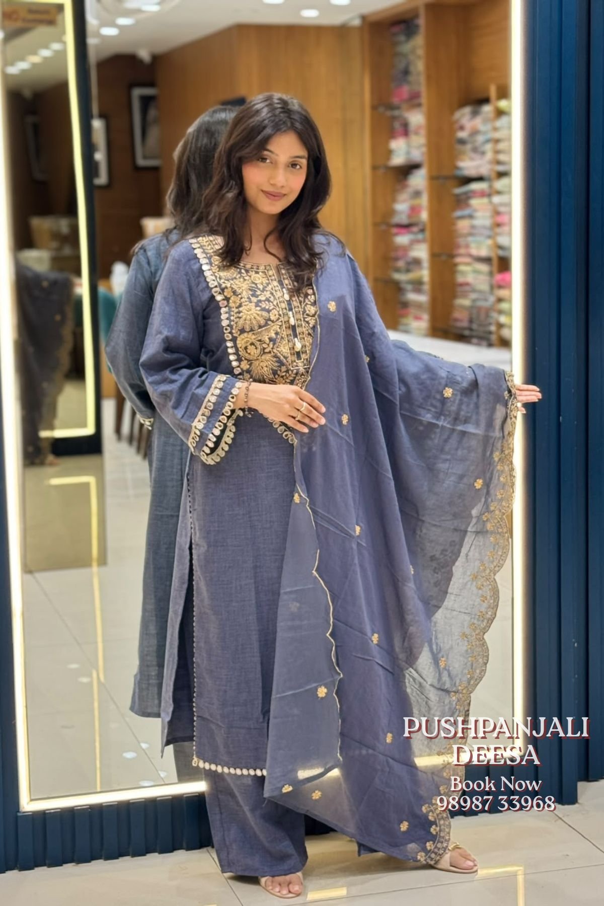 Steel Blue Embroidered Cotton Kurti Pant Set with Dupatta | Premium Imported Fabric