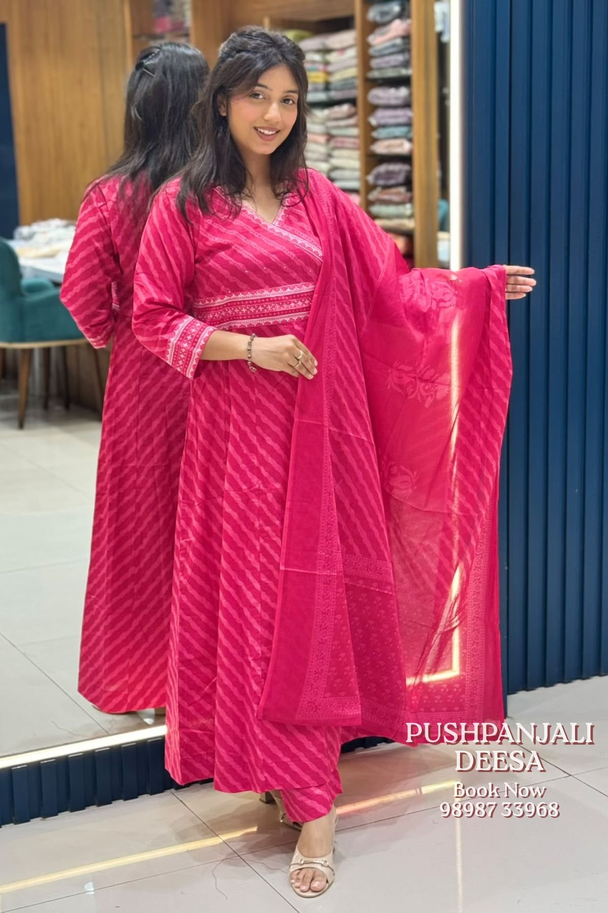Rani Pink Printed Cotton Kurti Pant Set with Dupatta - Image 2