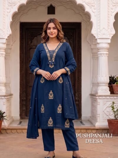 Navy Blue Embroidered 3-Piece Set