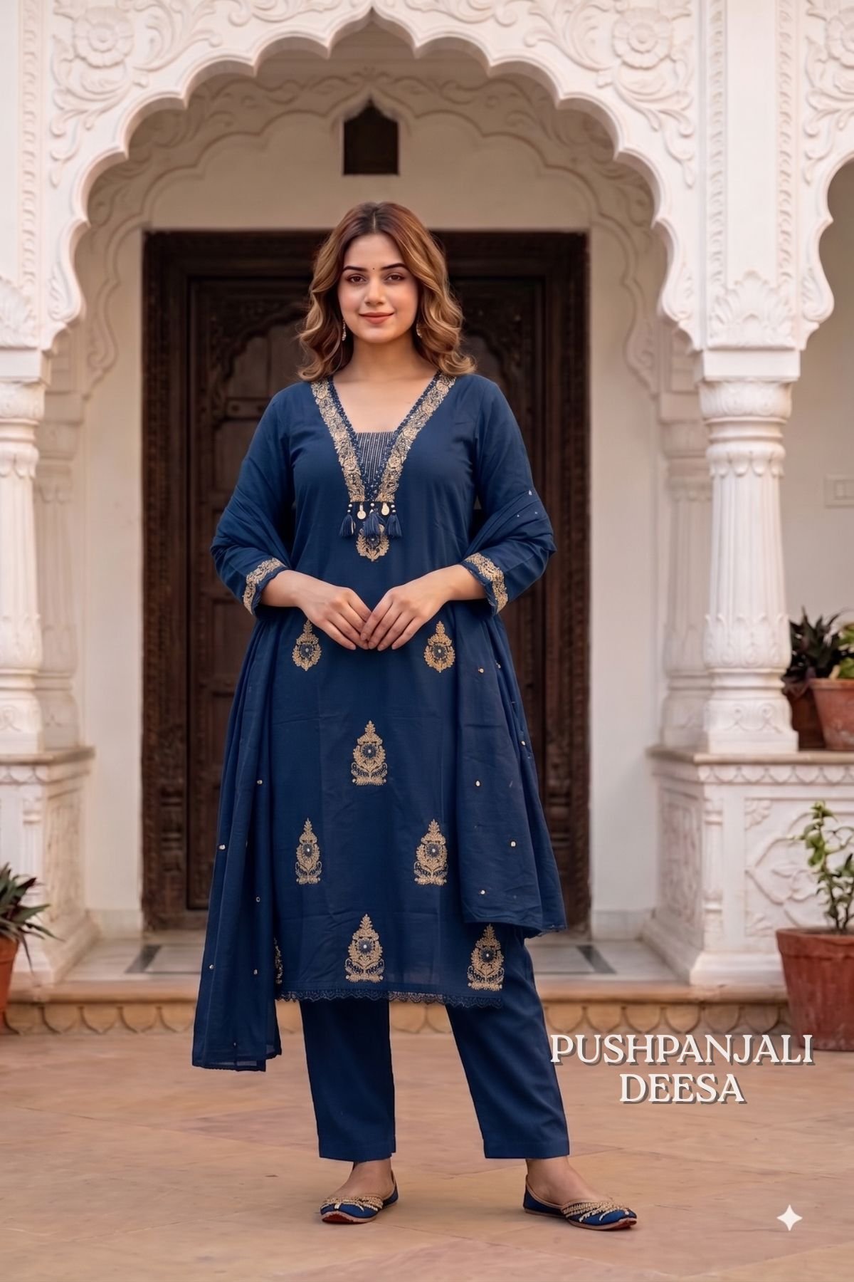 Navy Blue Embroidered 3-Piece Set