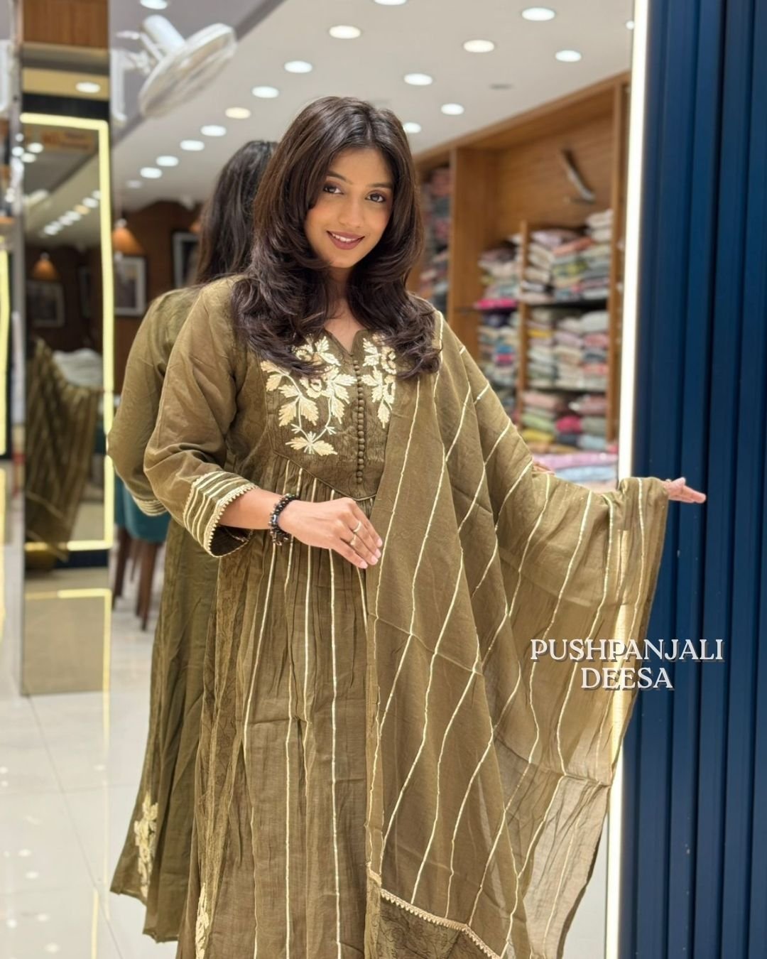Olive Green Mul Chanderi Suit Set - Image 2