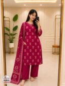 Magenta Printed Kurta Pant Set with Dupatta
