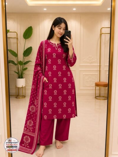 Magenta Printed Kurta Pant Set with Dupatta