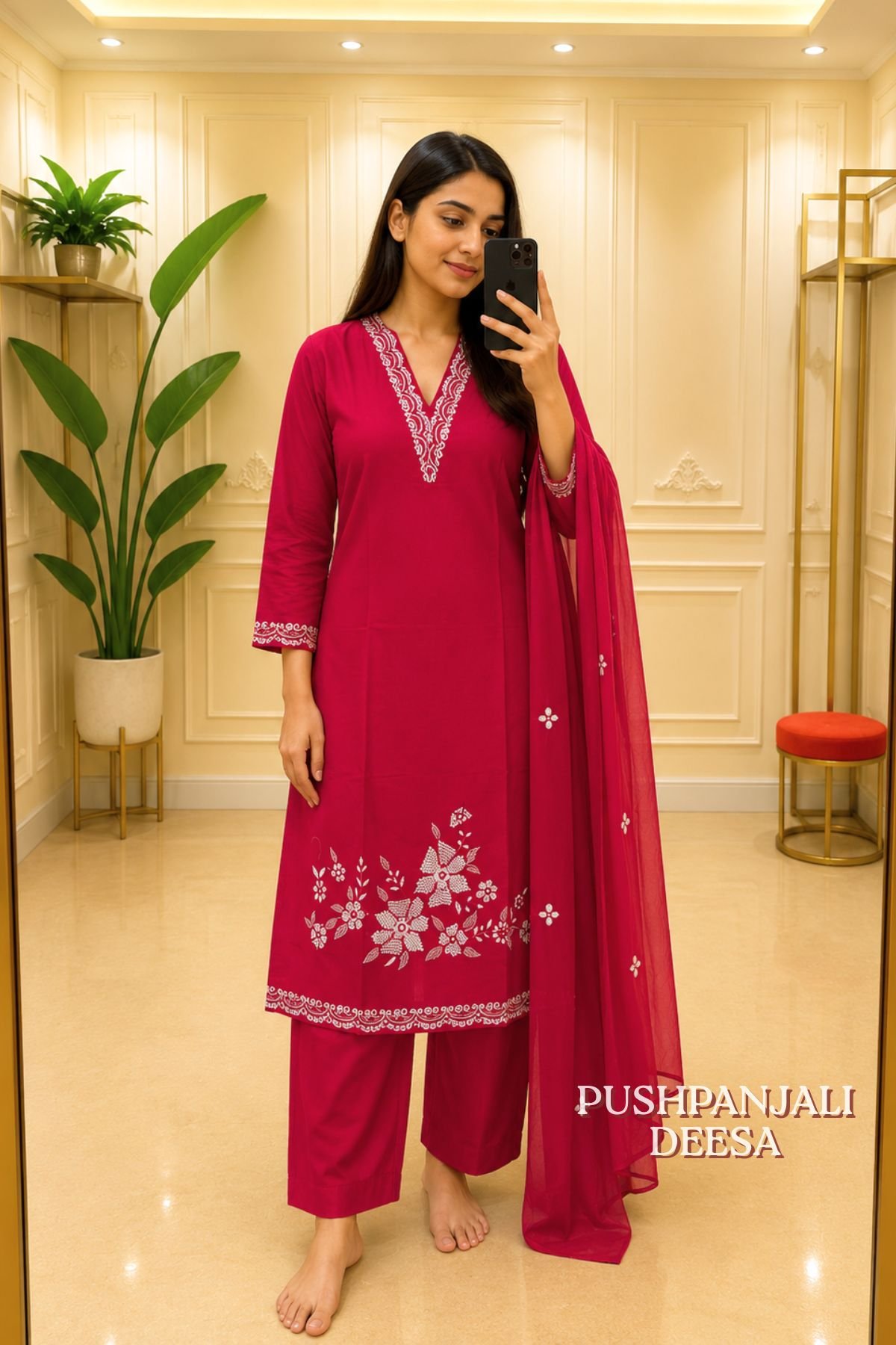 Pink Embroidered Kurta Pant Dupatta Set