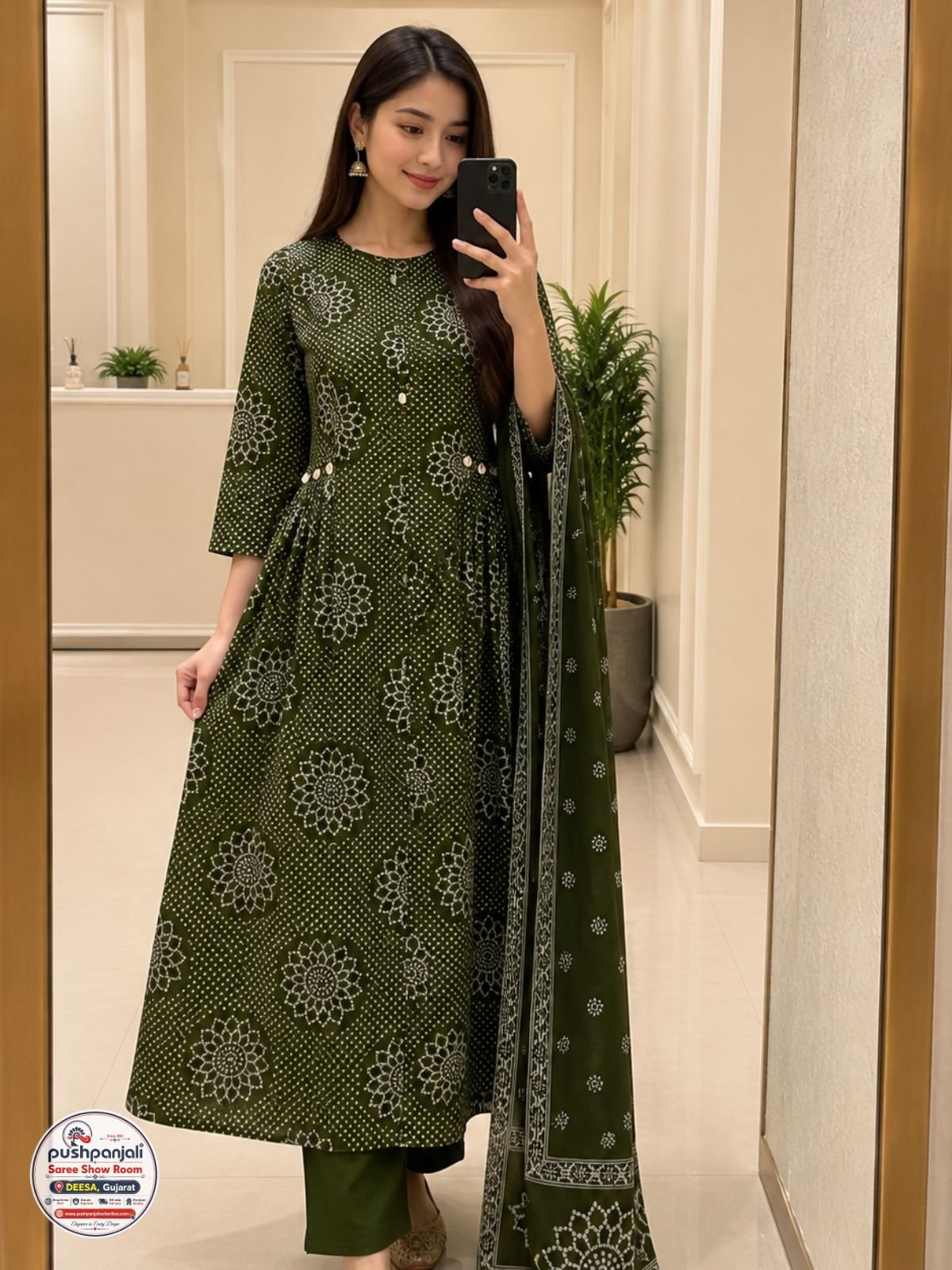Olive Green Floral Printed Cotton 3-Piece Ethnic Suit Set - Image 2
