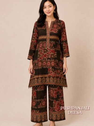Red Brown Printed Gaggy Silk 2-Piece Co-Ord Set