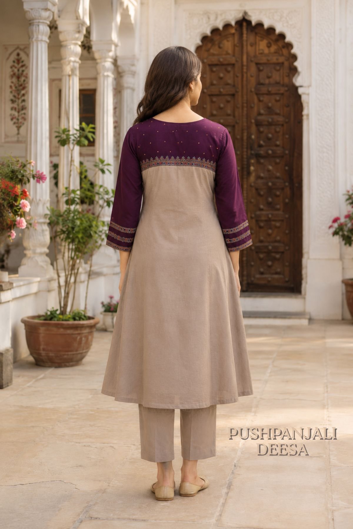 Wine & Beige Pure Rayon 2-Piece Set - Image 4