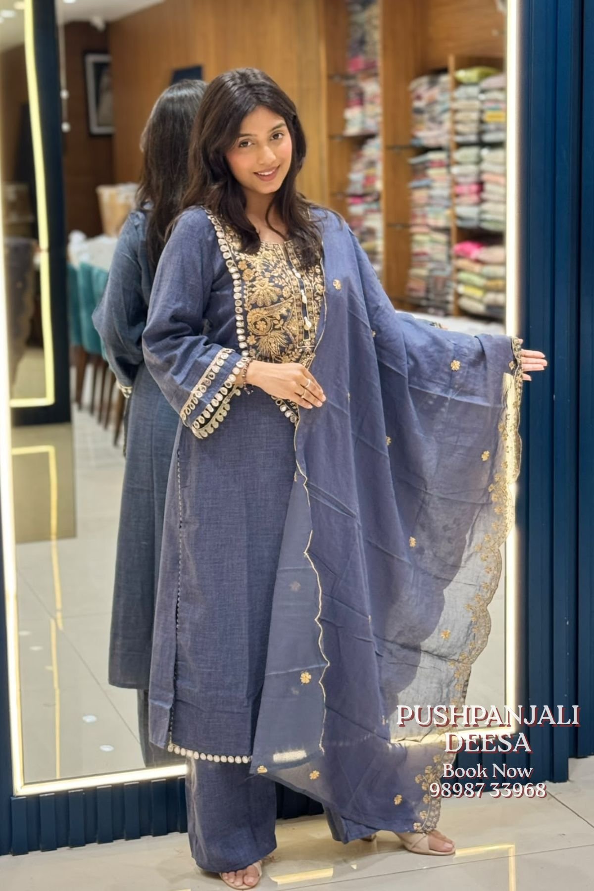 Steel Blue Embroidered Cotton Kurti Pant Set with Dupatta | Premium Imported Fabric - Image 3