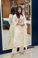 Off White Embroidered Cotton Kurti Pant Set with Dupatta