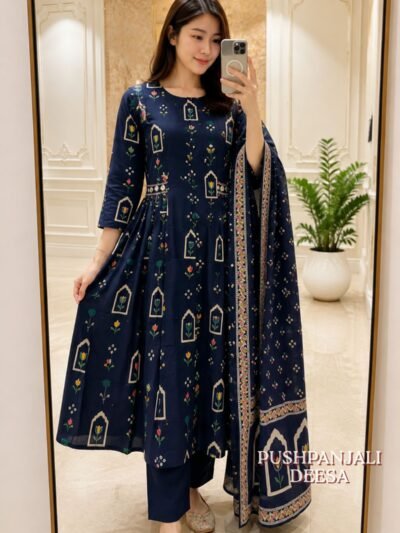 Navy Blue Floral Printed Anarkali Kurta Pant Dupatta Set