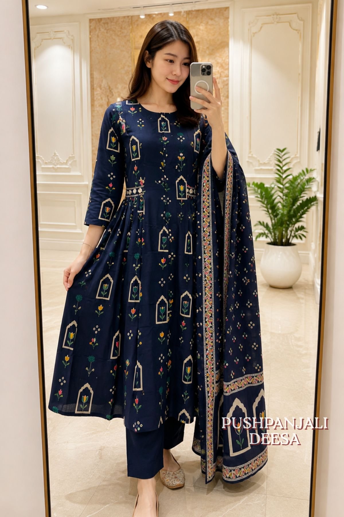 Navy Blue Floral Printed Anarkali Kurta Pant Dupatta Set