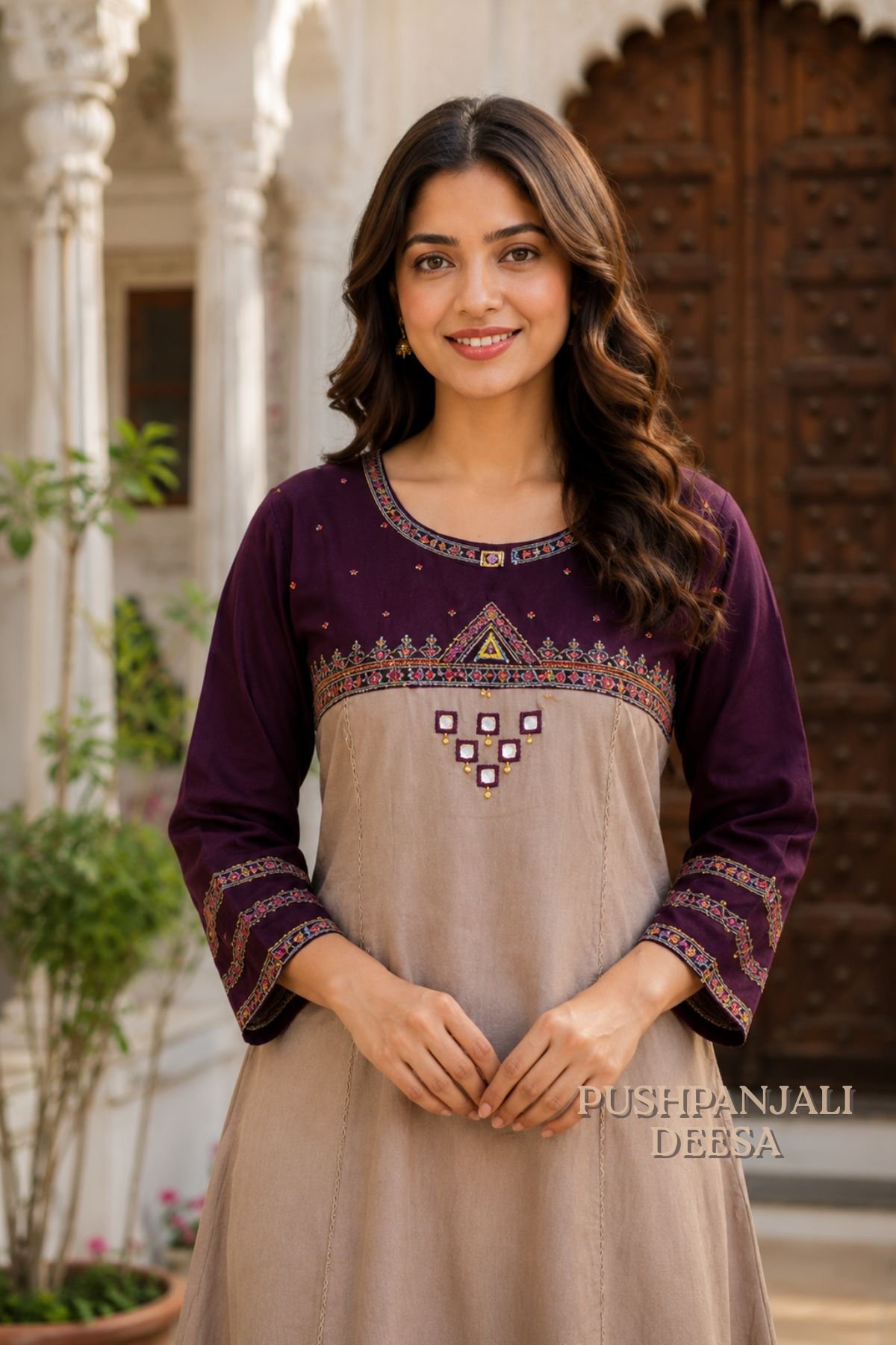 Wine & Beige Pure Rayon 2-Piece Set - Image 2