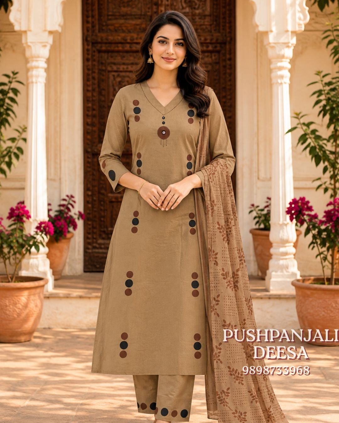Beige Printed Kurti Pant Set with Dupatta