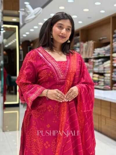 Rani Pink Bandhani Print Kurti Pant Set with Dupatta