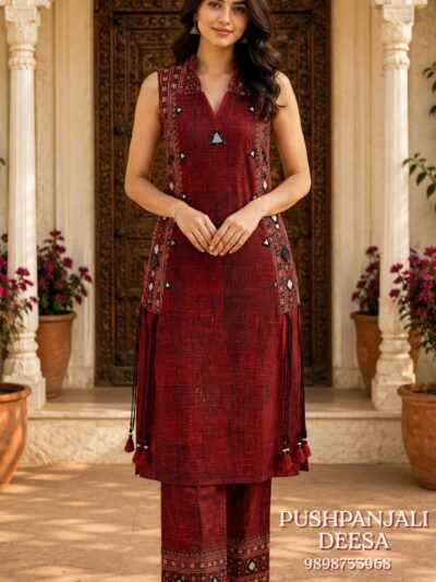 Women's Maroon Sleeveless Kurti Pant Set