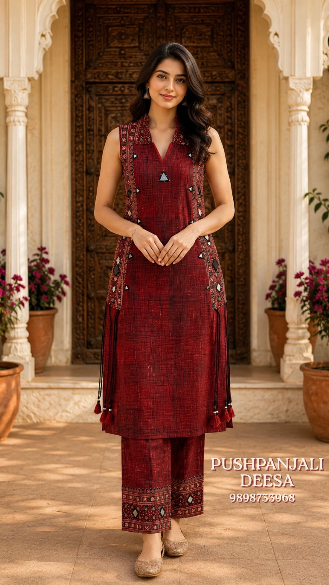 Women's Maroon Sleeveless Kurti Pant Set