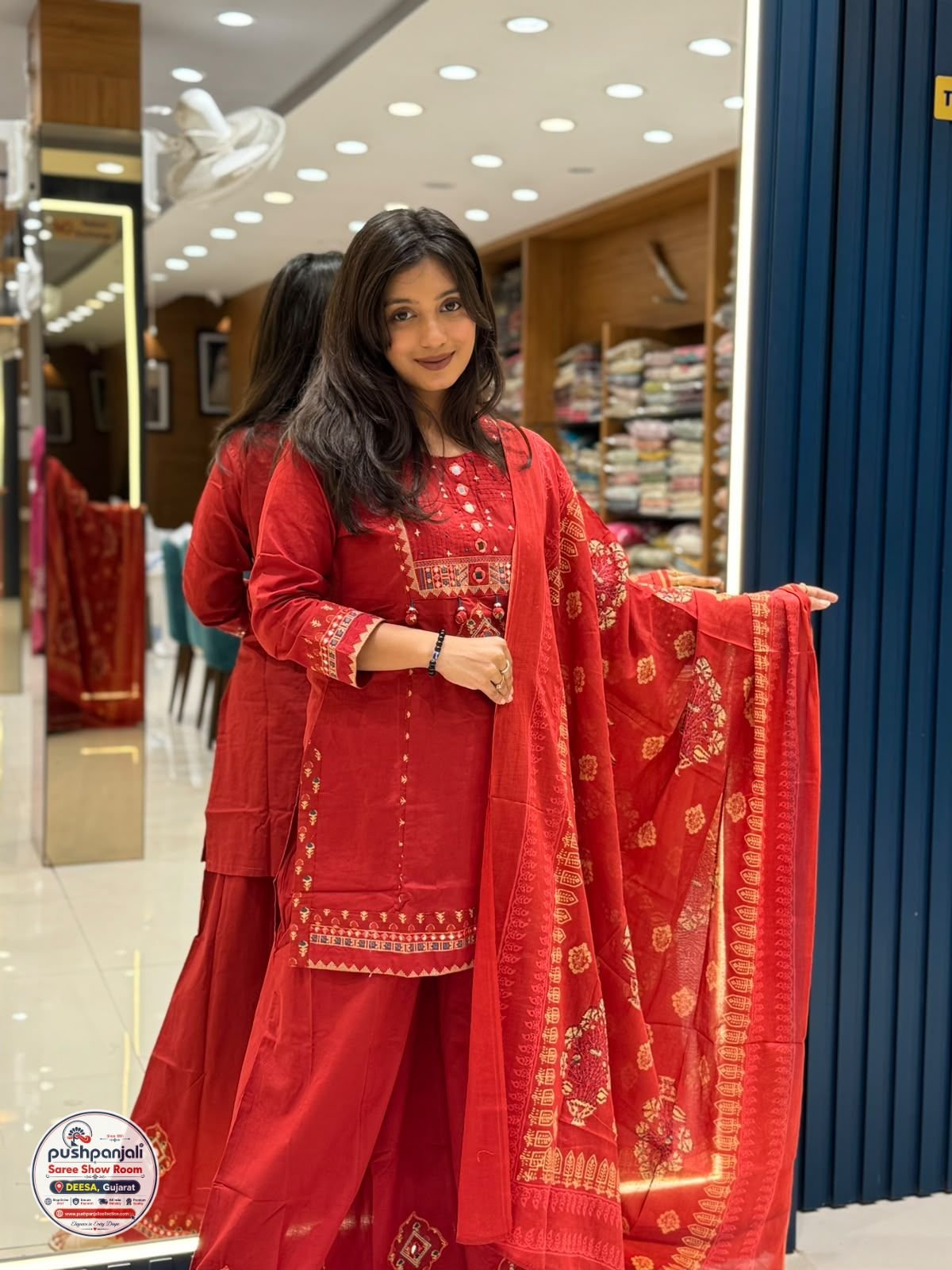 Red Printed Kurta Palazzo Dupatta Set - Image 2