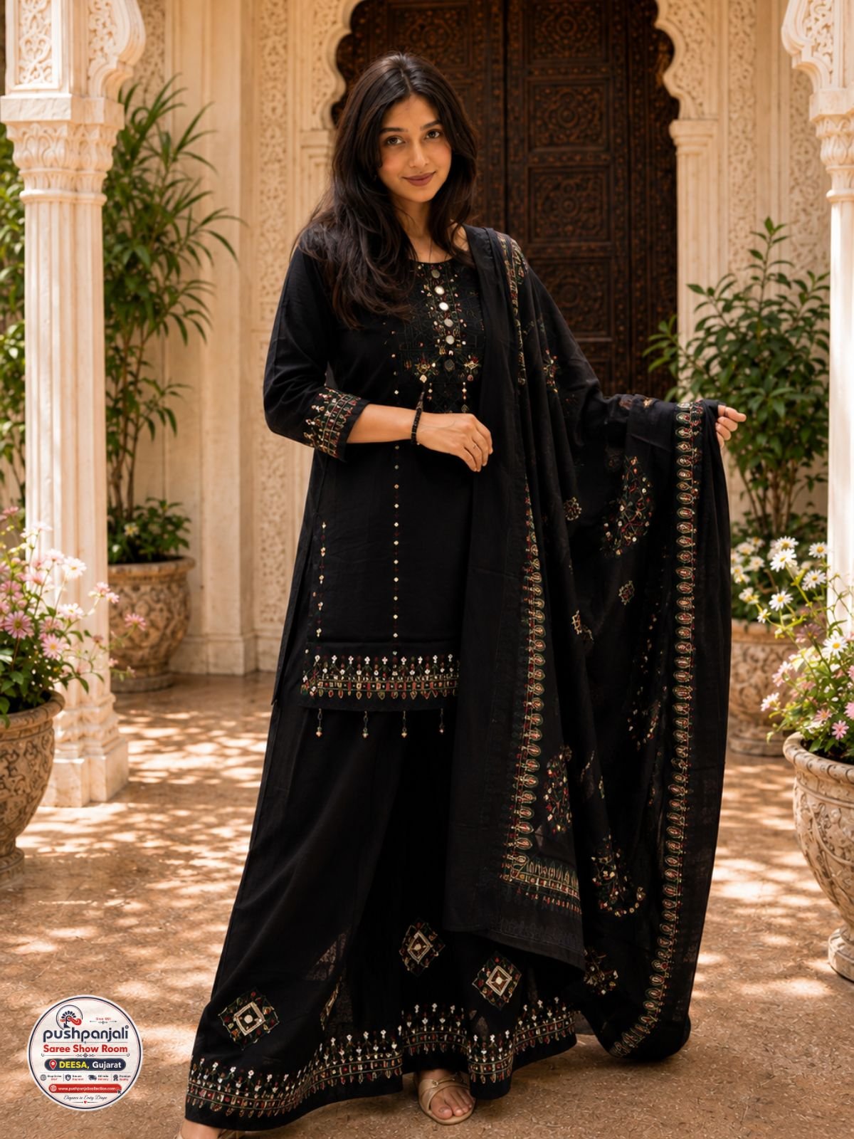 Black Embroidered Ethnic Kurta Palazzo Dupatta Set - Image 2