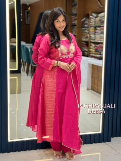 Premium Mul Chanderi Pink Designer Kurti Set