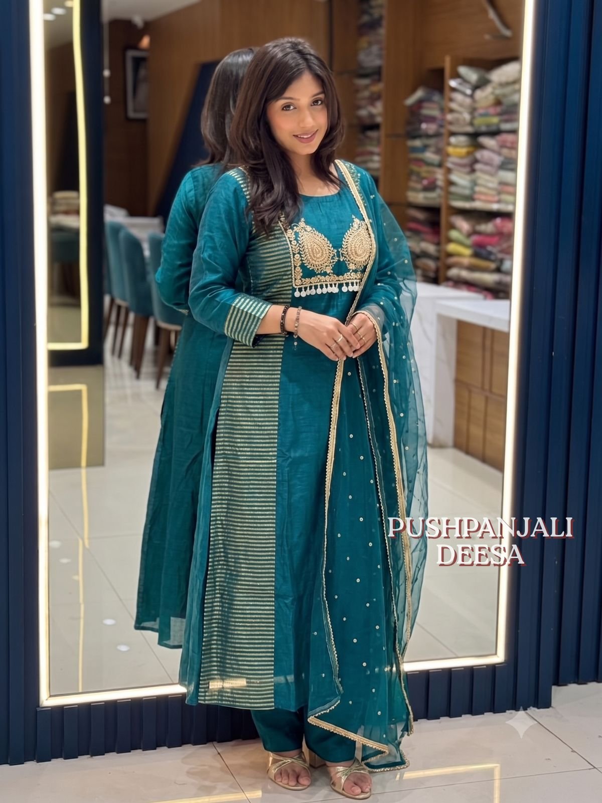 Premium Mul Chanderi Teal Green Designer Kurti Set