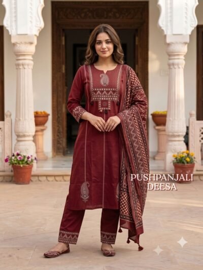 ❤️ Maroon Designer Pure Cotton Suit Set