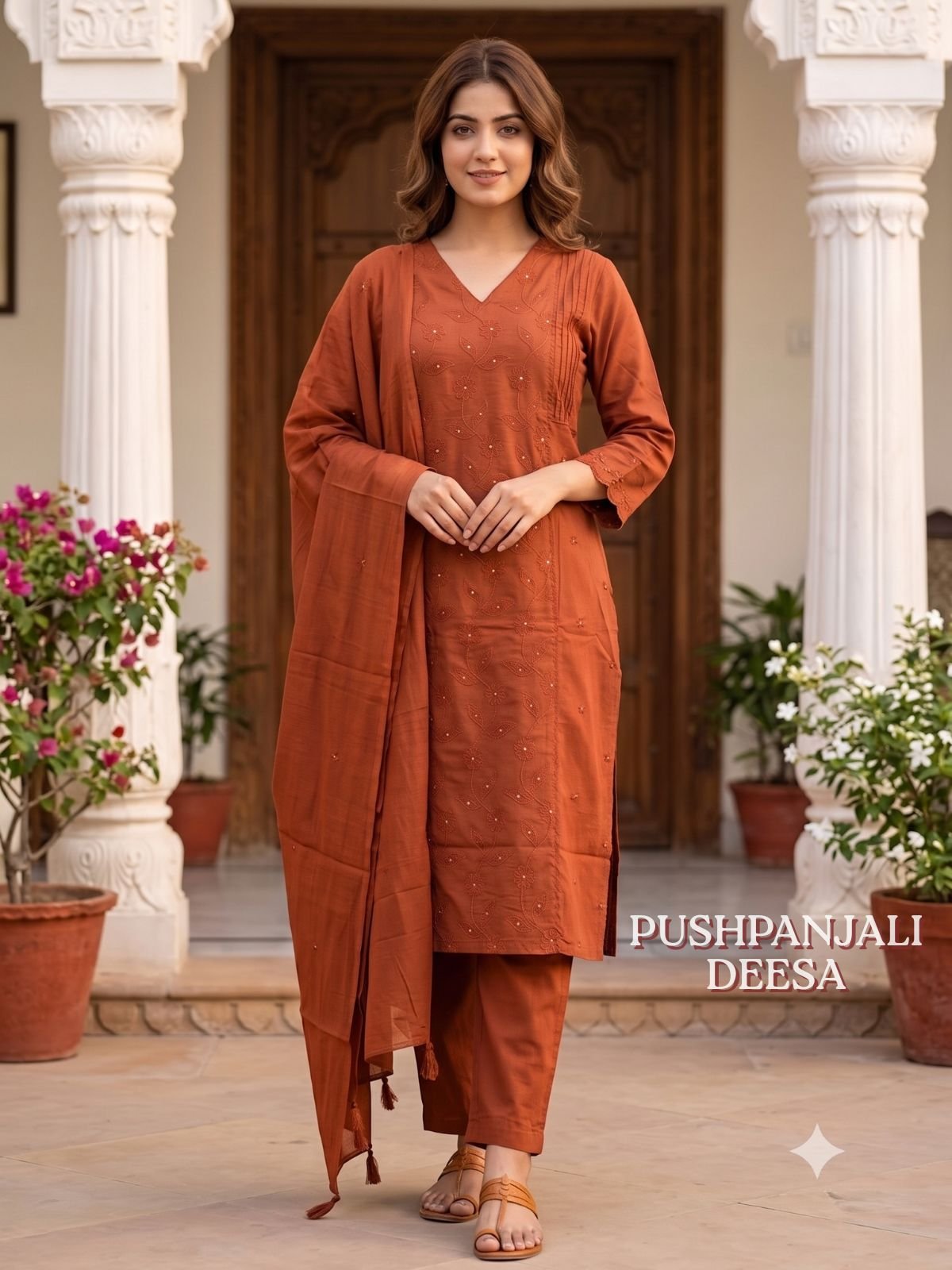 Rust Orange Designer Premium Cotton Suit Set