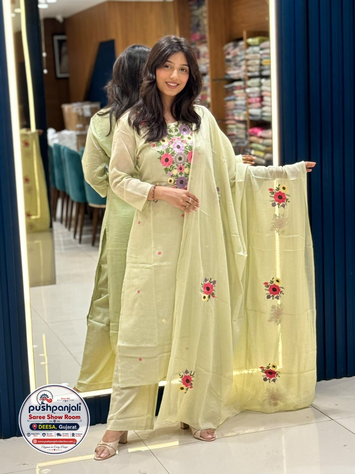 Pastel Lemon Yellow Floral Embroidered Kurta Pant Set with Dupatta - Image 2