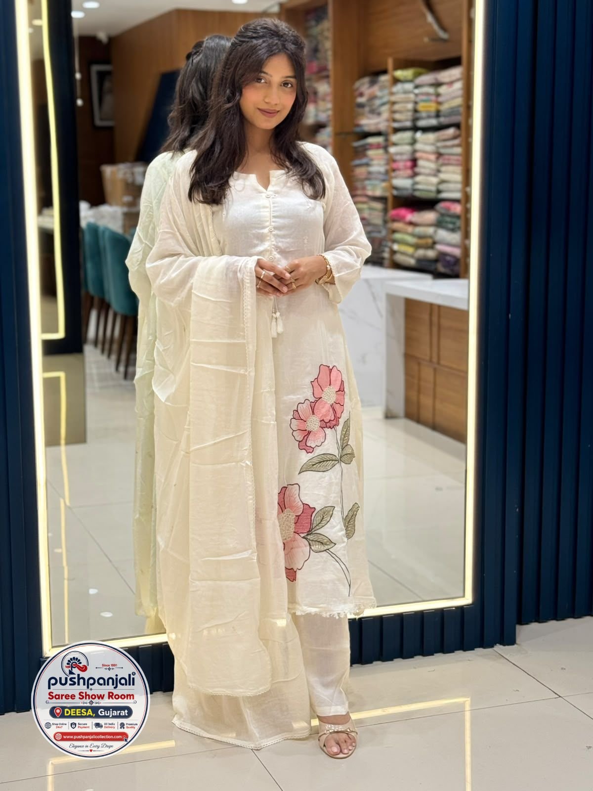 Off White Floral Printed Kurta Pant Set with Dupatta
