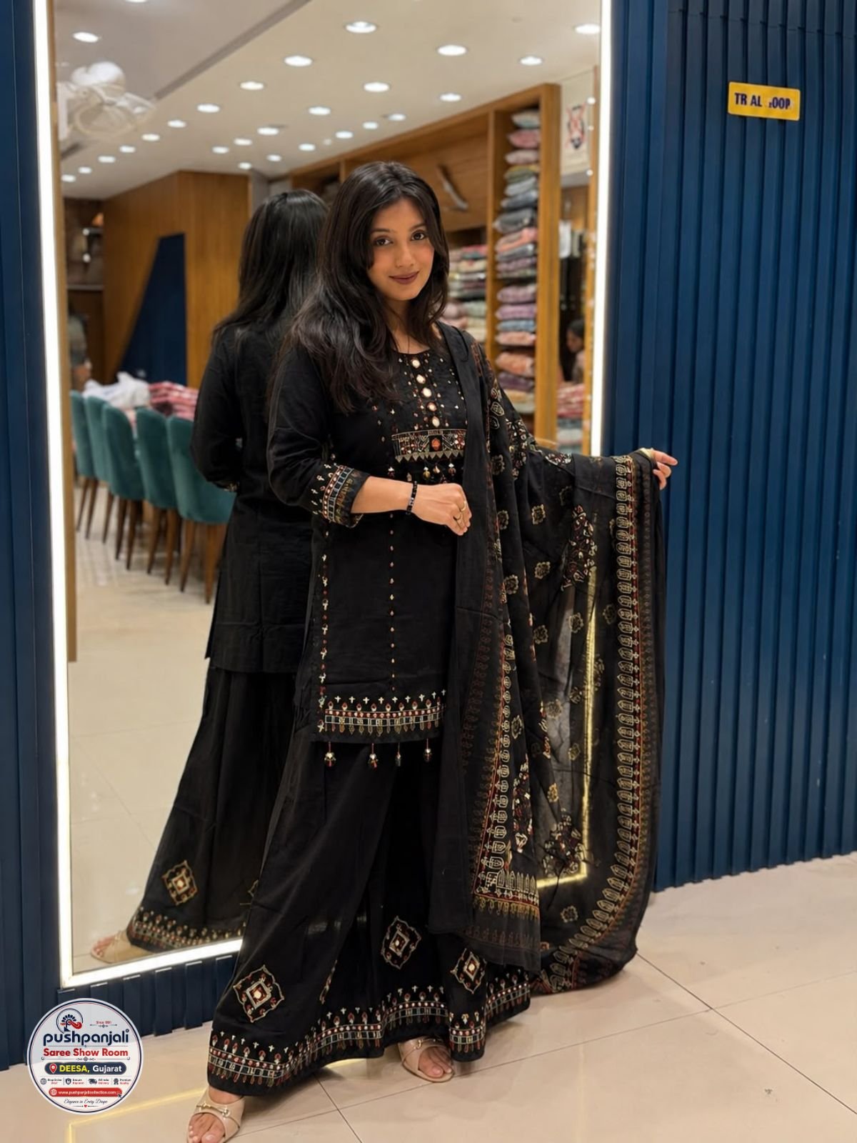 Black Embroidered Ethnic Kurta Palazzo Dupatta Set
