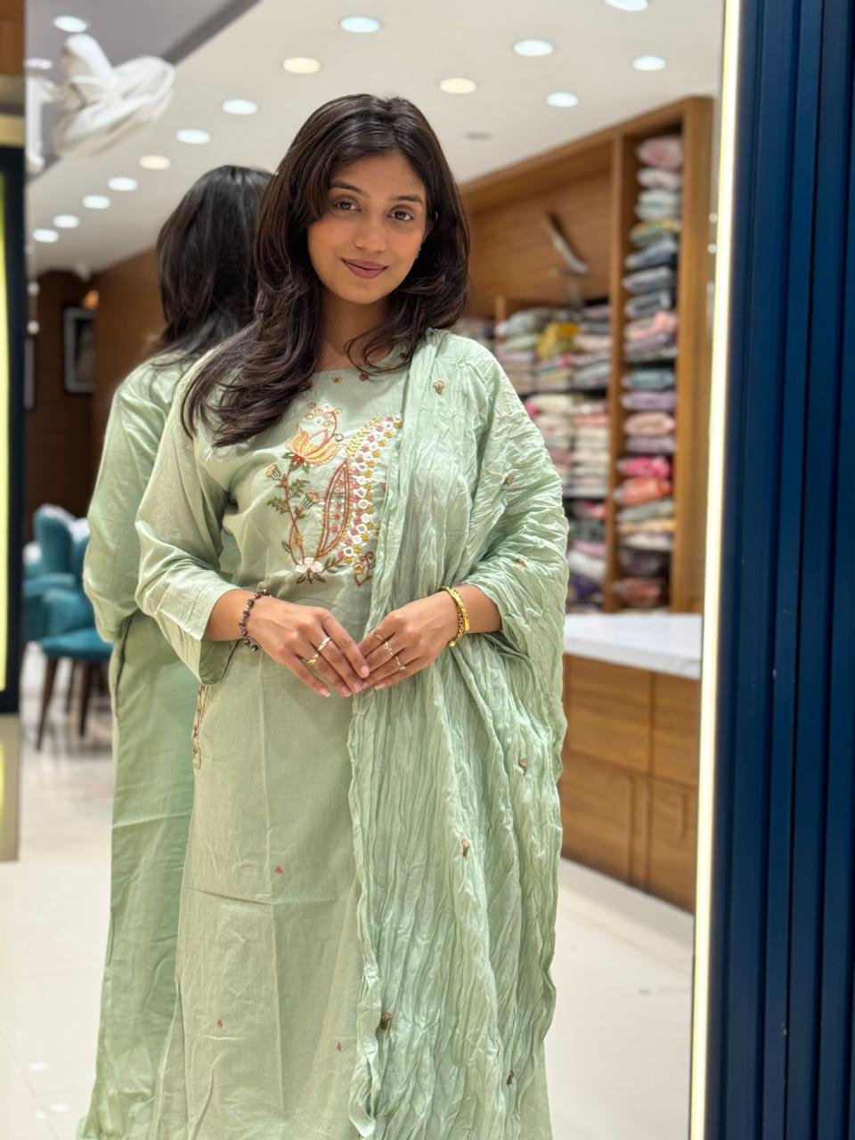 Pastel Green Embroidered 3-Piece Ethnic Suit Set - Image 2