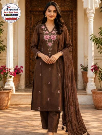 Brown Floral Embroidered Cotton Kurti Pant Set with Dupatta