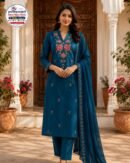 Teal Blue Floral Embroidered Cotton Kurti Pant Set with Dupatta