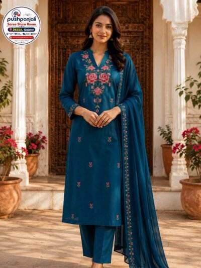 Teal Blue Floral Embroidered Cotton Kurti Pant Set with Dupatta