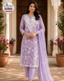 Lavender Floral Embroidered Kurti Pant Set with Dupatta