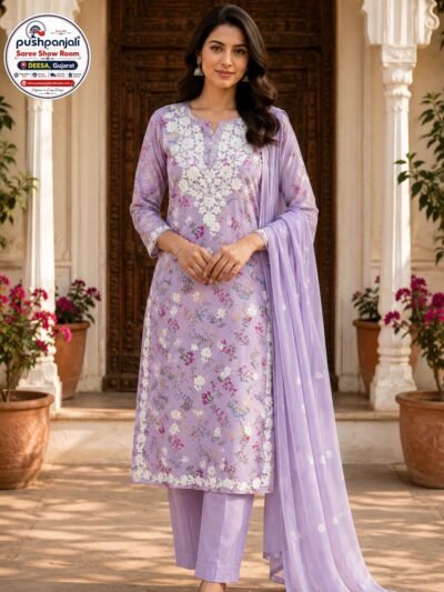 Lavender Floral Embroidered Kurti Pant Set with Dupatta