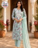 Mint Green Floral Printed Kurti Pant Set with Dupatta