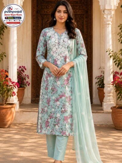 Mint Green Floral Printed Kurti Pant Set with Dupatta