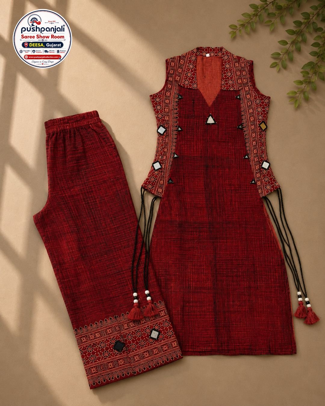 Women's Maroon Sleeveless Kurti Pant Set - Image 2