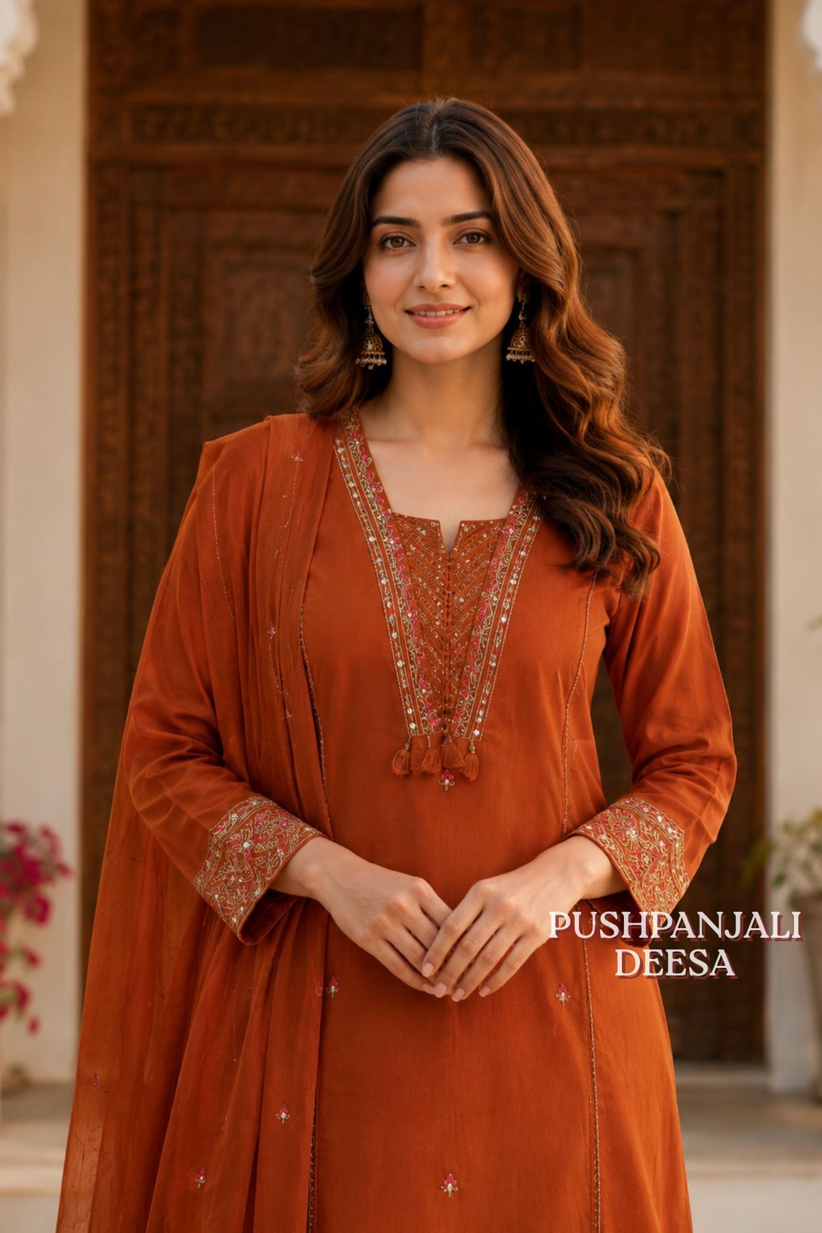 Rust Orange Embroidered Kurta Set with Dupatta | Premium Ethnic Wear - Image 2