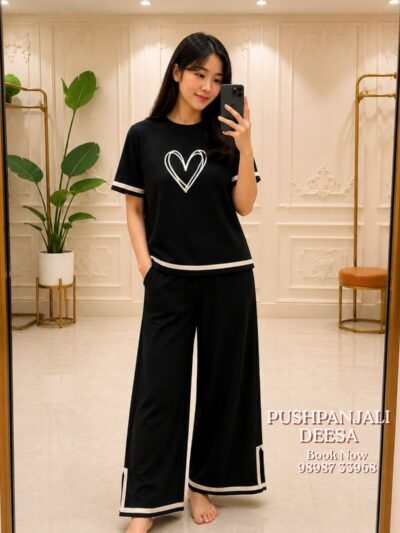 Black Heart Print Co-Ord Set | Premium Airport Look & Casual Wear