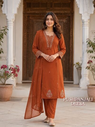 Rust Orange Embroidered Kurta Set with Dupatta | Premium Ethnic Wear
