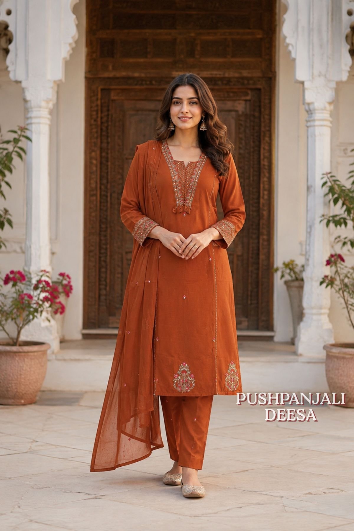 Rust Orange Embroidered Kurta Set with Dupatta | Premium Ethnic Wear