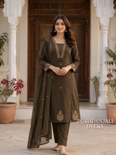 Olive Green Embroidered Kurta Set with Dupatta | Premium Ethnic Wear